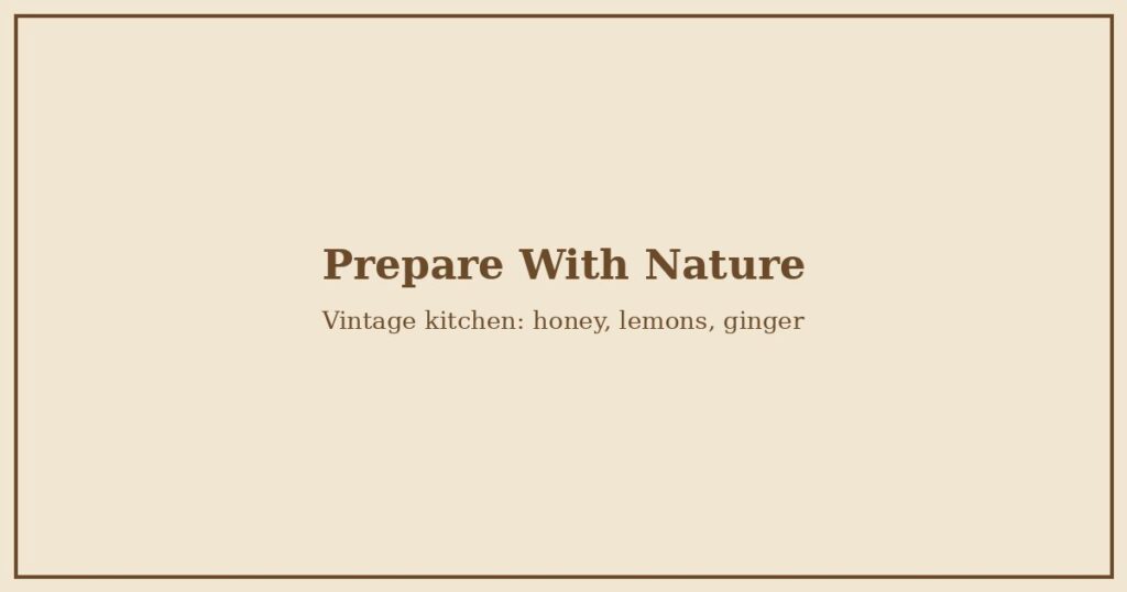 Vintage kitchen scene with a jar of honey, lemons, ginger root and a handwritten recipe card on a wooden table